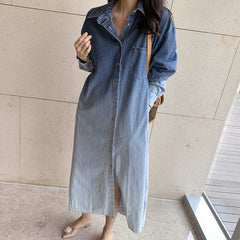 Vintage Gradient Wash Button-Up Denim Dress