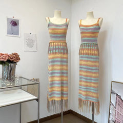 Retro Sunset Striped Knit Fringe Dress