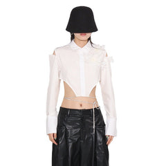 Cut-Out Floral Appliqué Shirt with Waist Tie Detail
