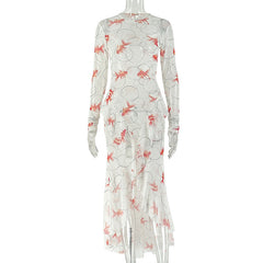 Goldfish Print Long Sleeve Ruffle Trim Maxi Dress