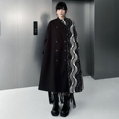Statement Coat with Black Solid and Graphic Wave Pattern