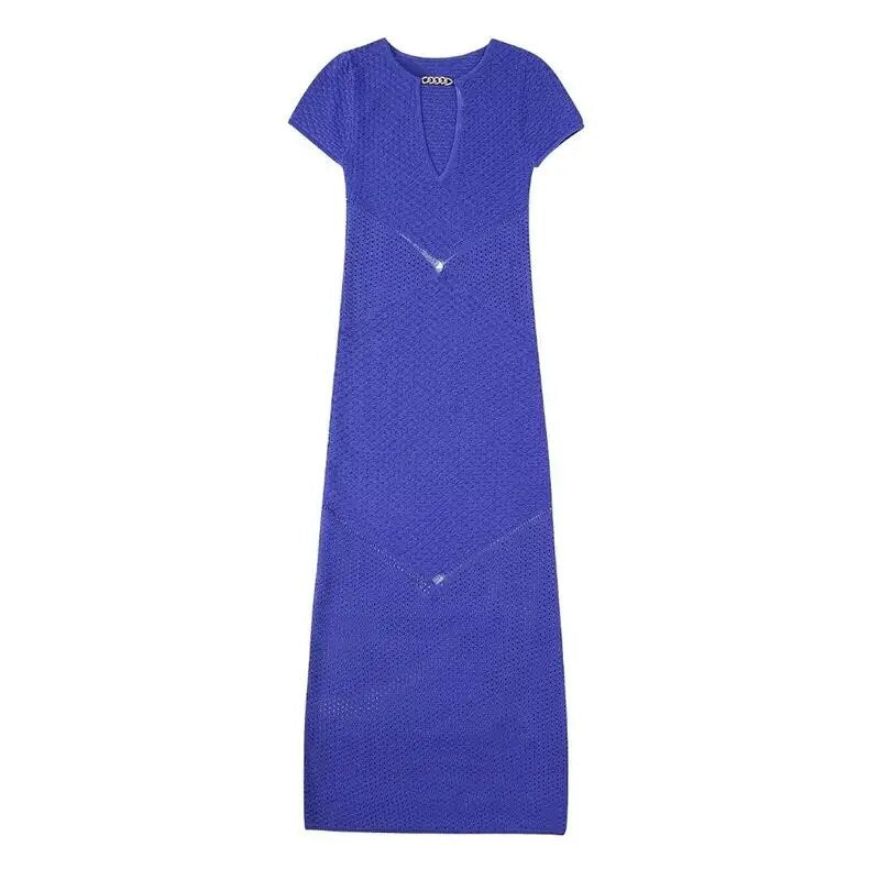 V-Neck Textured Knit Dress with Mesh Detail