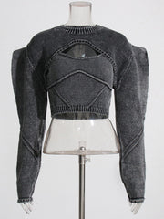 Vintage Washed Black Cutout Sculpted Knit Top