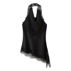 Black Satin Lace-Trim Asymmetric Halter Top