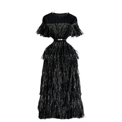 Tiered Fringe Black Maxi Dress