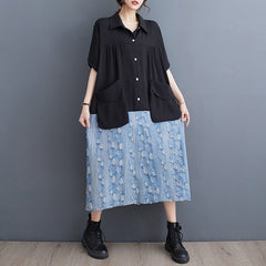 Playful Patchwork Shirt Dress with Jean Trim
