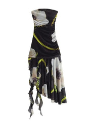 Draped Ruffle Hem Flower Strapless Dress