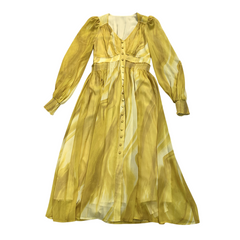 Golden Marbled Puff Sleeve Chiffon Dress
