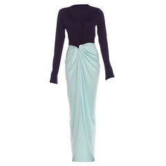 Long Sleeve Twisted Waist Two-Tone Maxi Dress