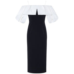 Monochrome Ruffle Off-Shoulder Midi Dress