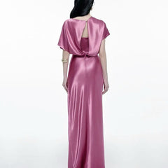 Satin Boat Neck Drape Top Ruched Maxi Dress