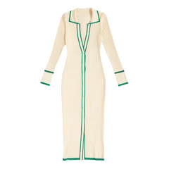 Retro Beige Green-Trimmed Knit Maxi