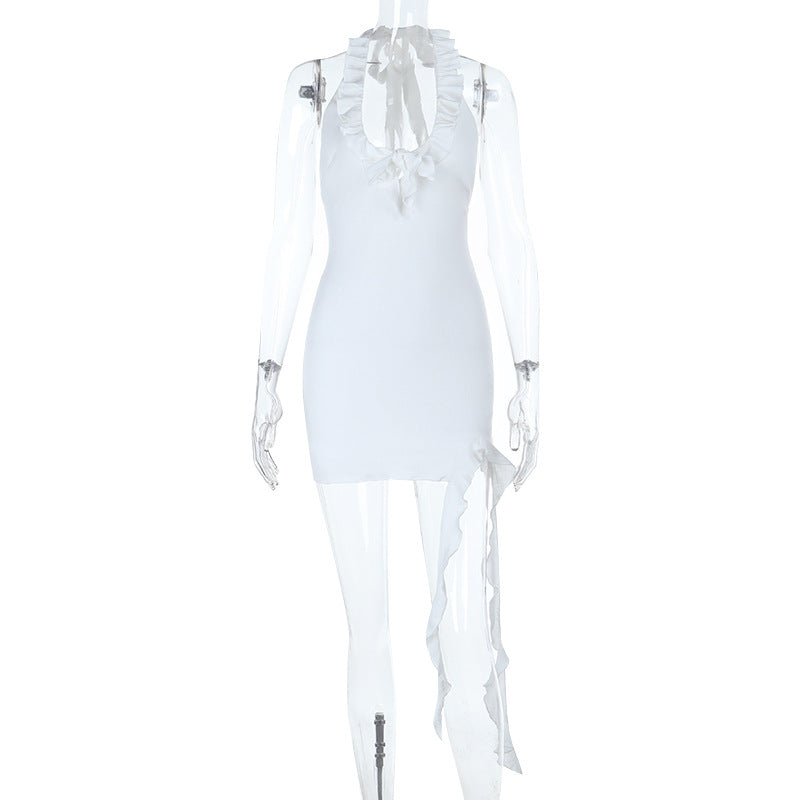 White Halter Ruffle Mini Dress