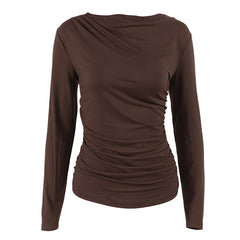 Ruched Long Sleeve Draped Boat Neck Top