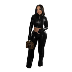 Zip-Up Crop Top and Wide Leg Pant Set