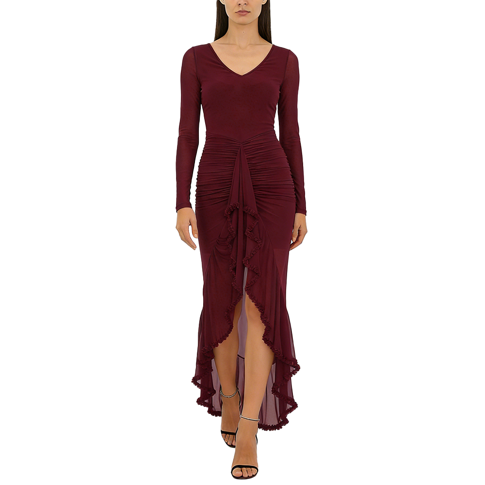 Burgundy V-Neck Ruched Dress