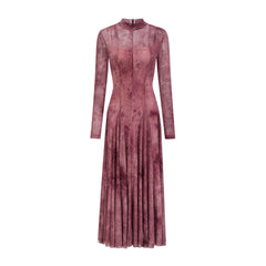 Mock-Neck Sheer Mesh Floral Print Midi Dress