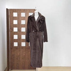 Double-Breasted Faux Fur Coat with Floral Pin Detail