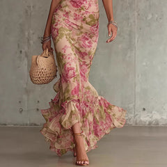 Floral Print Puff Sleeve Maxi Dress with Ruffled Hem