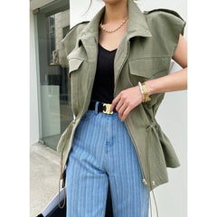 Olive Military-Inspired Zip-Up Utility Vest