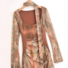 Scoop-Neck Abstract Print Maxi Dress with Scarf Detail