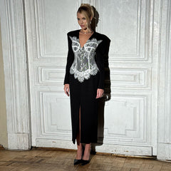 V-Neck Long Sleeve Lace Bodice Midi Dress