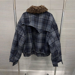 Plaid Wool Bomber Jacket with Cozy Shearling Collar