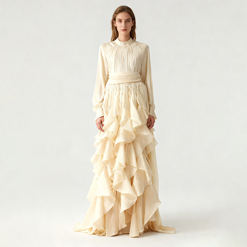 Elegant Ruffled Long Sleeve Gown