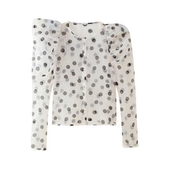 Sheer Mesh Polka Dot Puffy Sleeve Blouse