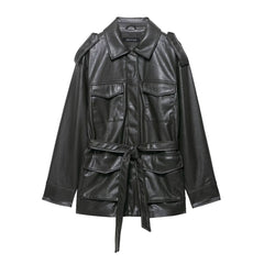 Belted Faux-Leather Safari Jacket