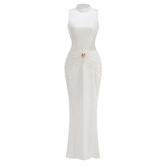 Sleeveless High-Neck Maxi Dress with Ruched Waist and Hardware Detail