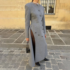 Long Collarless Coat with Asymmetric Buttons