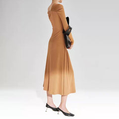 Ribbed Long Sleeve Maxi Dress with Asymmetric Ruched Waist