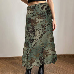 Green Floral Asymmetrical Midi Skirt