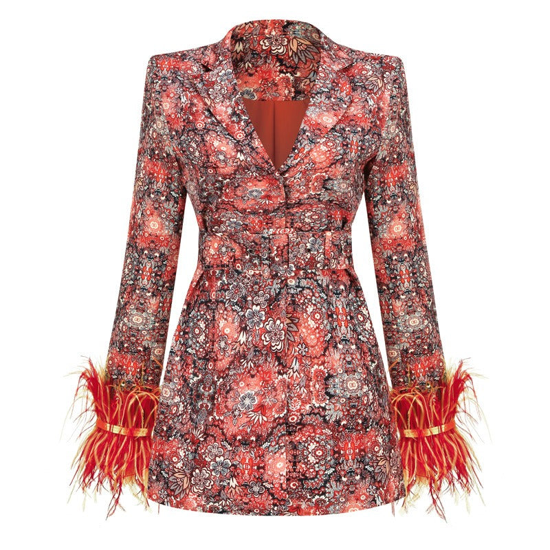 Retro Baroque Floral Blazer with Feather Cuffs