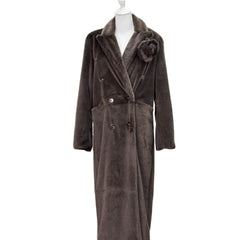 Long Faux Fur Double-Breasted Coat with Flower Pin