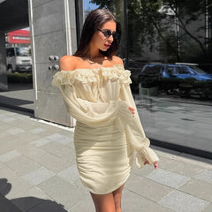 Off-the-Shoulder Ruched Long-Sleeve Mini Dress