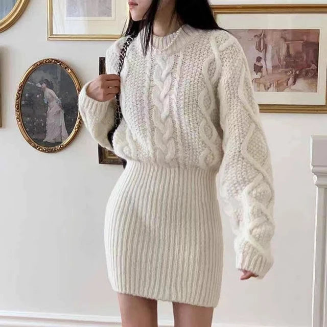 Cropped Cable Knit Sweater Mini Skirt Set