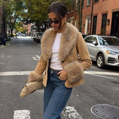 Faux Suede Jacket with Plush Faux Fur Trim