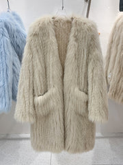 Soft Cream Textured Faux Fur Overcoat