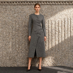 Long Collarless Coat with Asymmetric Buttons
