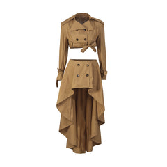 Trench Style Cropped Jacket High-Low Skirt Set