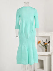 Elegant Pleated Dress Round Neck Long Sleeves High Waist A-line Dresses