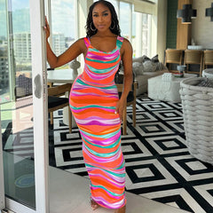 Rainbow Print Striped Party Dress