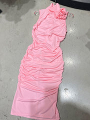 Romantic Pink Ruched Dress with Rosette Shoulder