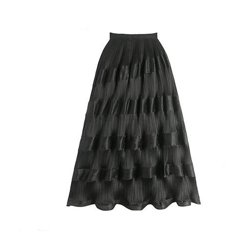 Elegant Pleated Satin - Layered Maxi Skirt