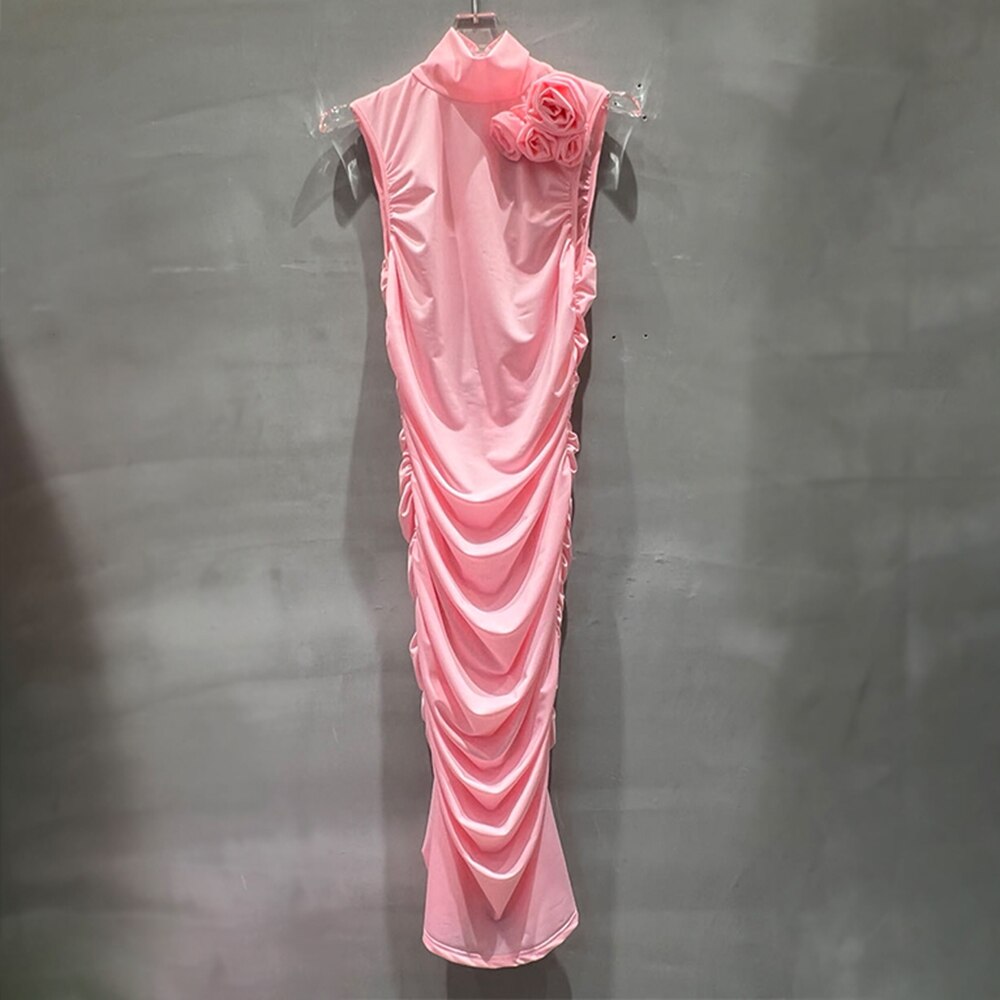 Romantic Pink Ruched Dress with Rosette Shoulder