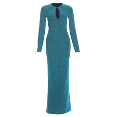 Keyhole Cutout Long Sleeve Shimmer Maxi Dress