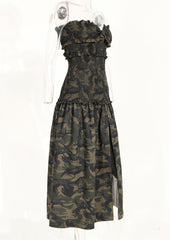 Camouflage Ruffled Strapless Midi Dress