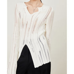 Asymmetric Split-Hem Ribbed Knit Top